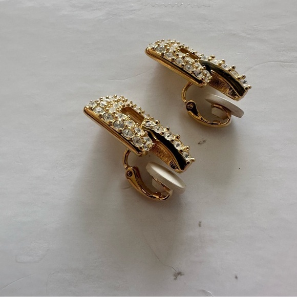 Swarovski Swan Couture Pave Crystal Gold Art Deco Drop Dangle Clip On Earrings - Picture 6 of 16